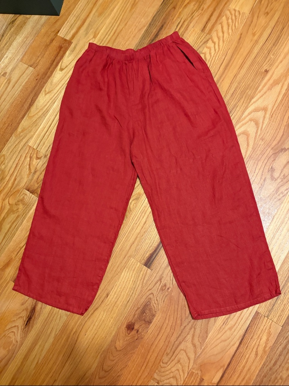 FLAX Women’s Floods Ankle Length Wide Leg Linen Pants; Dark Red; Large